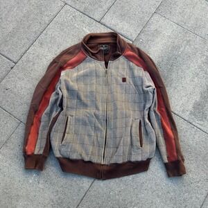 Marc Ecko Mens Brown Plaid Herringbone Full Zip Track Jacket Large Streetwear